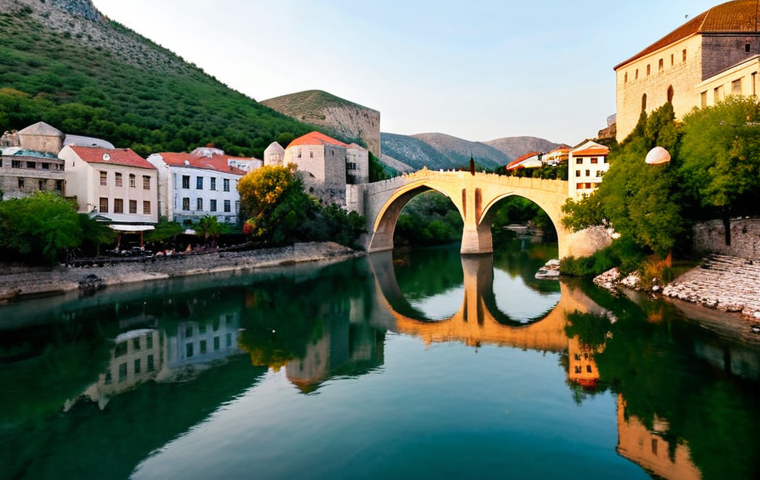 보스니아에서 배낭여행하기 좋은 숙소 추천 - **Mostar: Enchanting Sunset over the Old Bridge**
A breathtaking, wide-angle shot of Mostar's St...