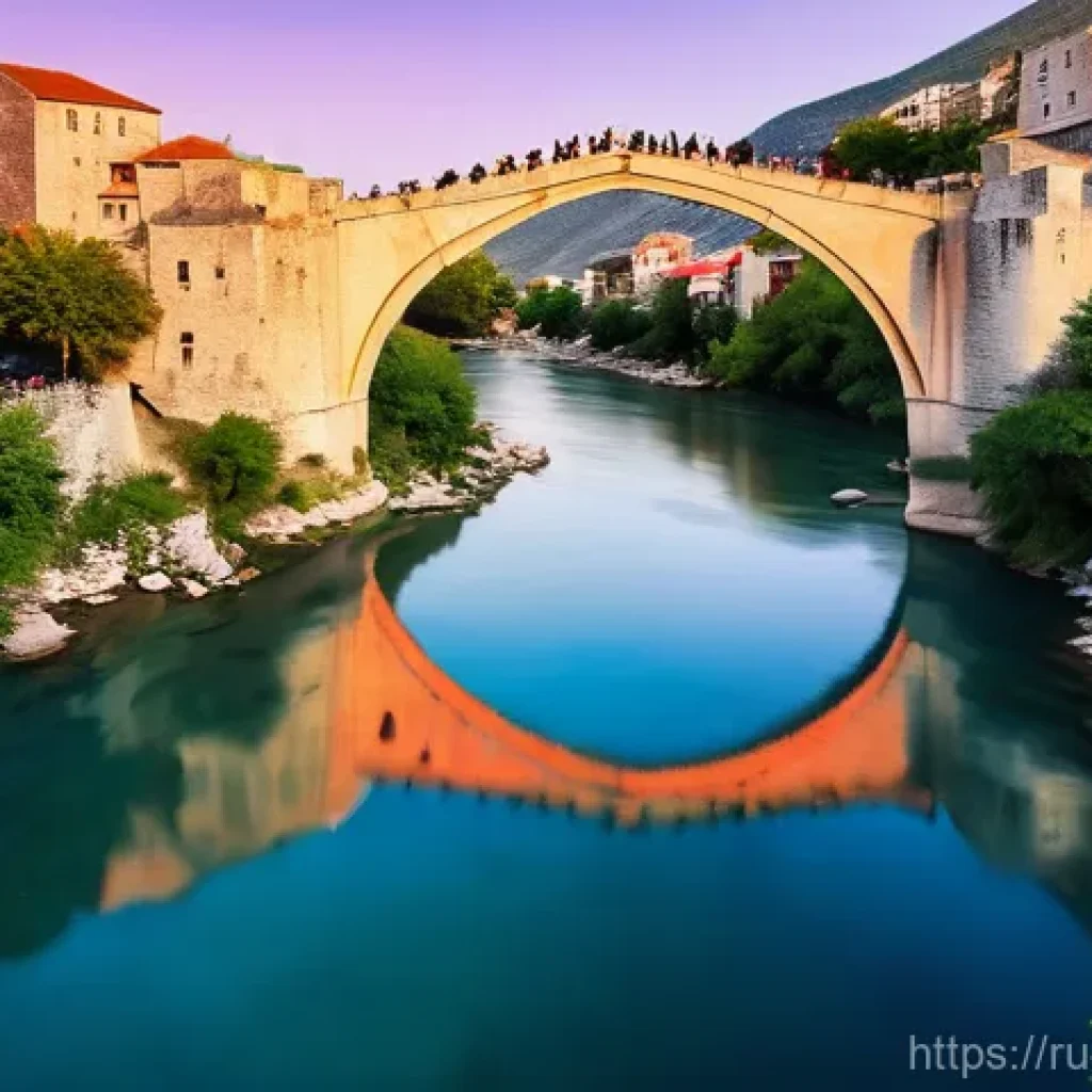 보스니아에서 인기 있는 사진 촬영 명소 - **Stari Most at Sunset in Mostar:**
"A breathtaking panoramic view of Stari Most (Old Bridge) in...