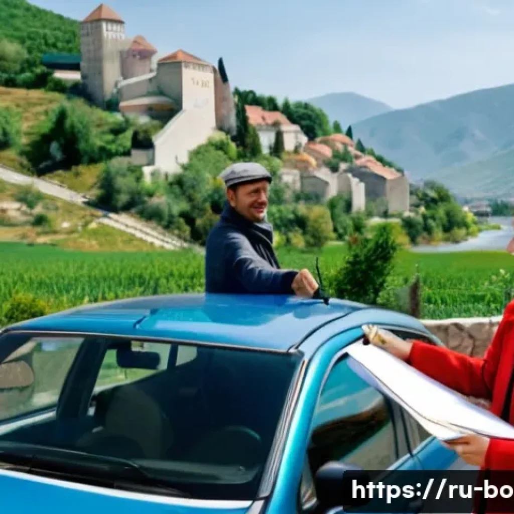 보스니아 헤르체고비나에서 운전할 때 필요한 서류 - **The Prepared Journey Begins**
    A vibrant, realistic photograph of a Russian couple (20s-30s) st...