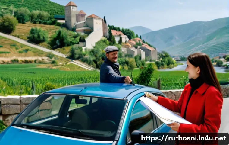 보스니아 헤르체고비나에서 운전할 때 필요한 서류 - **The Prepared Journey Begins**
A vibrant, realistic photograph of a Russian couple (20s-30s) st...